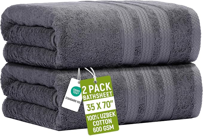 Bath Sheets 2 Pack Extra Large 35 x 70 Inches 600 GSM 100% Ring Spun Combed Uzbek Cotton Bath Towels Oeko-TEX Certified Soft Highly Absorbent Quick Dry – Dark Grey