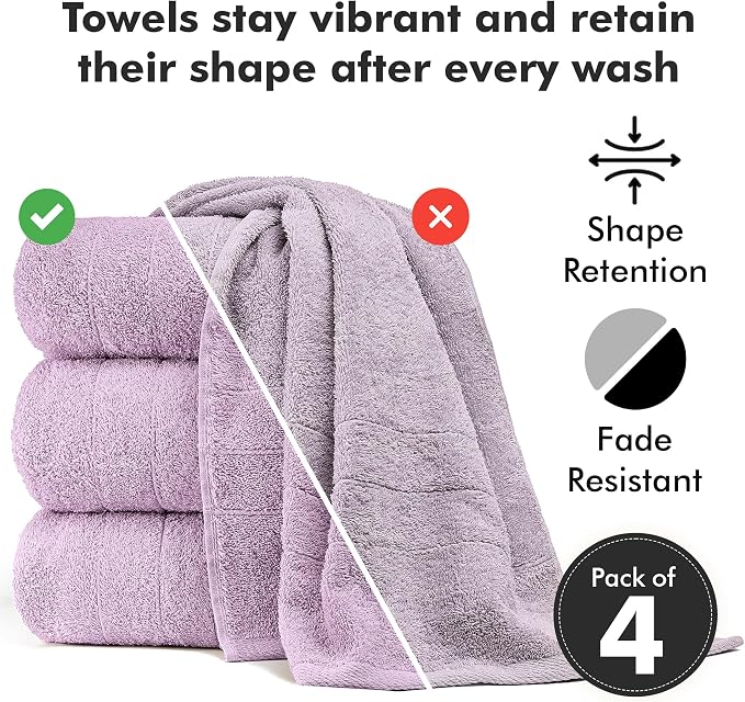 Bath Towels Set of 4 – 100% Ring Spun Cotton Lilac Extra Large Towels for Bathroom, Spa Use (55x28 in) – 550 GSM Super Soft and Quick Dry Large Bath Sheets for Adults