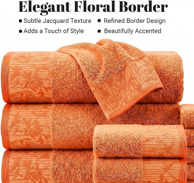 Superior Floral Jaquard Cotton Bath Towels, 2pc Towel Set, Mandarin Orange | Soft Absorbent Quick Dry Terry Weave, Machine Washable Breathable Premium Hotel Quality, Wisteria Towels, Large 2 Bath Towel