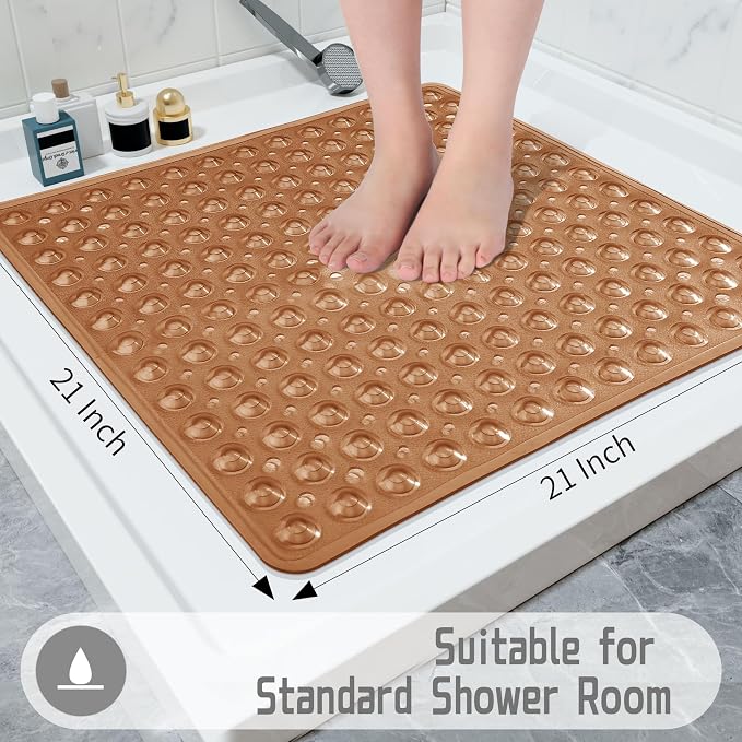 Yimobra Shower Mat 21X21 Inch Square, Non Slip Bathtub Mat with Large Suction Cups&Drain Holes, Fast Dry Shower Stall Mats for Inside Shower, Machine Washable BPA-Free, Bath Essentials,Clear Brown