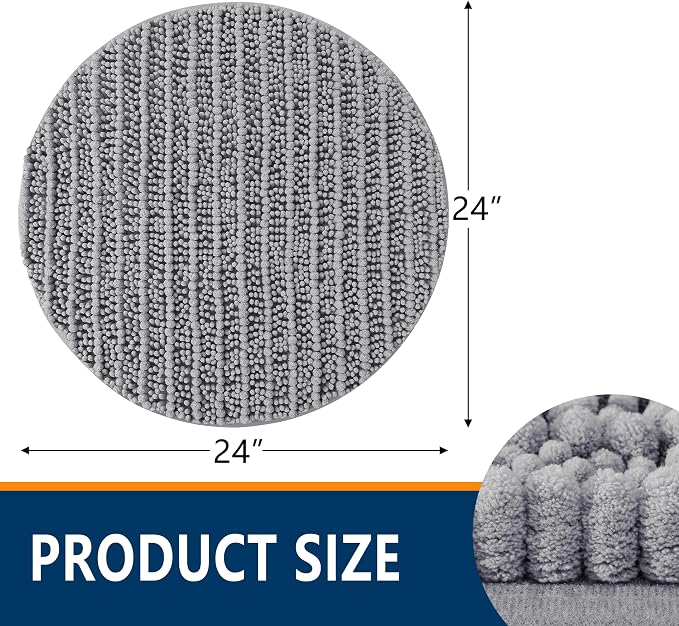 Smiry Bathroom Rugs Mat Round 24x24, Soft Absorbent Chenille Bath Rugs, Non Slip Rubber Backing Machine Washable Quick Dry Bath Mats for Bathroom Floor, Tub, Shower, Home Accessories, Grey