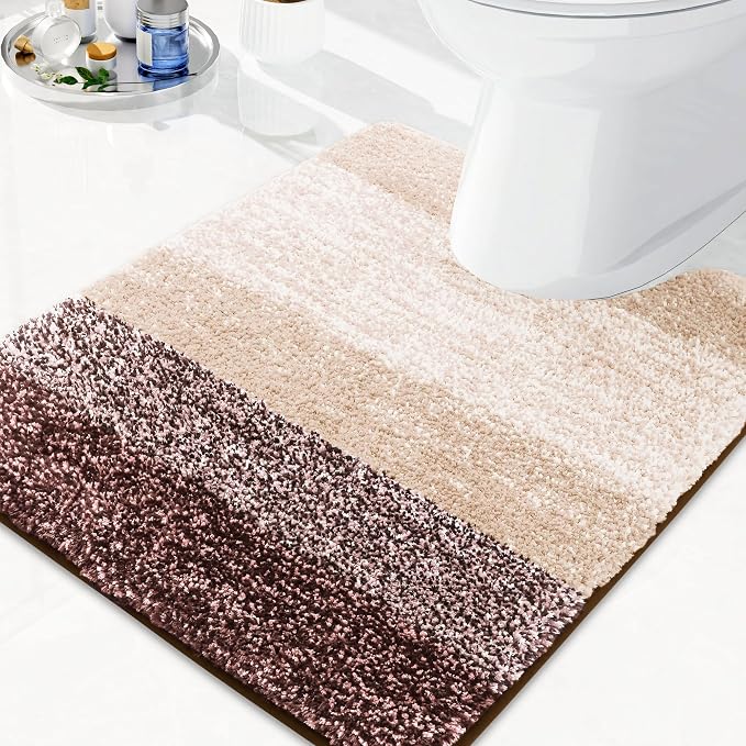 Arotive Microfiber Bathroom Rugs, Shaggy Soft and Absorbent Contour Toilet Rugs, Thick Plush Machine Washable Dry Bath Mats for Toilet Base, 24x20, Brown, U-Shape