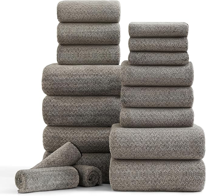 Ycosy 18 Piece Bath Towels Set,100% Microfiber Family Bathroom Towel with Hanging Loops-6 Bath Towels,6 Hand Towels,6 Washcloths,Quick Dry Highly Absorbent Shower Towel for Bathroom,Hotel,Spa-Brown