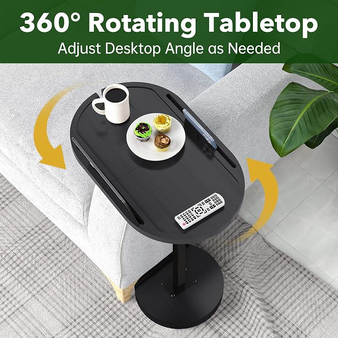 NiHome Bamboo Large Swivel TV Tray Table with Thickened Stable Non-Tipping Base, Adjustable Height Couch End Table Tray 360° Rotating for Bedside Sofa Bathtub Side Balcony (Black)