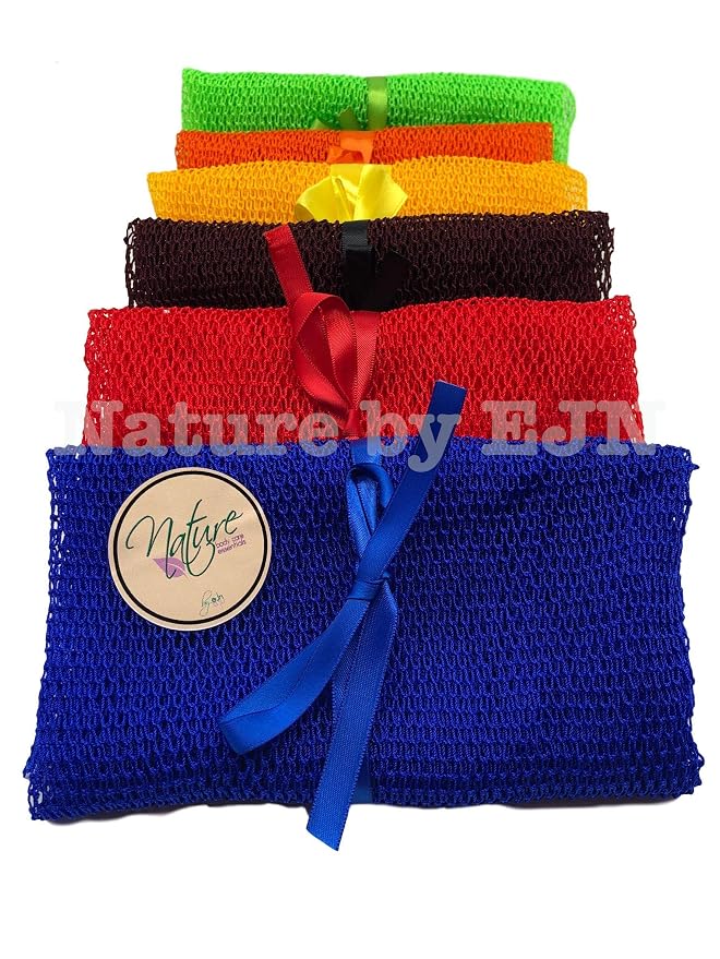 Net Bath Sponge, Ghana N1 Weave, Long, Skin Exfoliation, African, Porous, Stretches Horizontally to Approximately 49" (Orange).