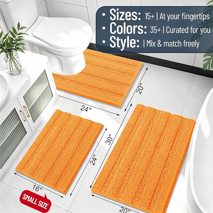 Smiry Thick Chenille Bathroom Rugs 36x24, Extra Soft Absorbent Striped Bath Mat, Machine Washable, Rubber Backing, Bath Rugs for Bathroom, Tub & Shower, Modern Home Decor Accessories, Orange