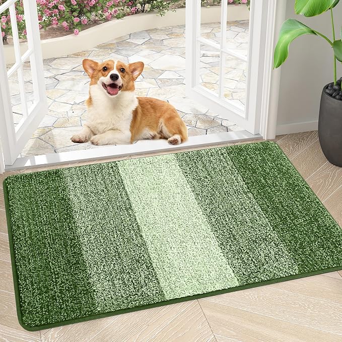Smiry Dog Door Mat for Muddy Paws, Absorbs Moisture and Dirt, Low-Profile Entryway Mat with Non-Slip Backing, Entry Indoor Outdoor Doormat for Inside Floor (34x21 Inches, Green, Striped)