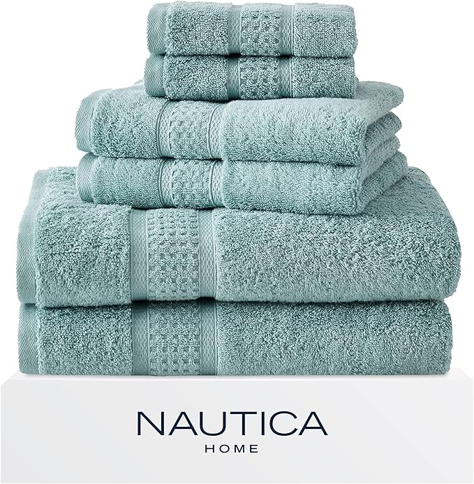 Nautica – Bathroom Towels, Soft Cotton Washcloth, Bath & Hand Towel Set, Highly Absorbent & Quick Dry, Zero Twist, Set of 6, College Dorm Room Essentials (Oceane Aqua)