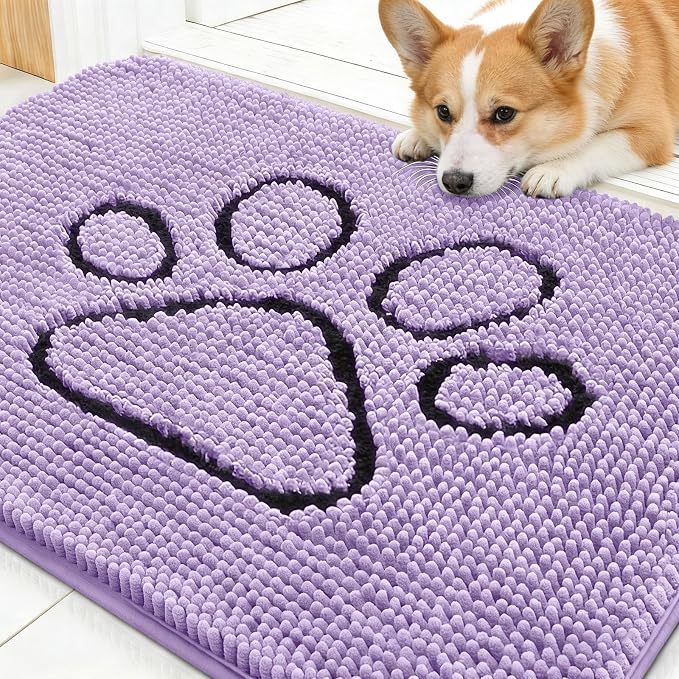 OLANLY Dog Door Mat for Muddy Paws 30x20, Paw Print Design, Absorbs Moisture and Dirt, Absorbent Non-Slip Washable Doormat, Quick Dry Chenille Mud Mat for Dogs, Entry Indoor Entryway Carpet, Lavender