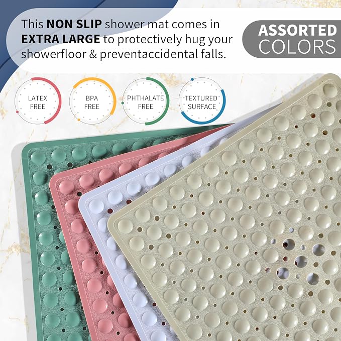 Yimobra Shower Stall Mat Non Slip, 21X21 Inch, Soft Square Bath Mat for Shower with Suction Cups and Drain Holes, Stall Floor Mats for Bathroom, Machine Washable, Bathroom Accessories, Pink