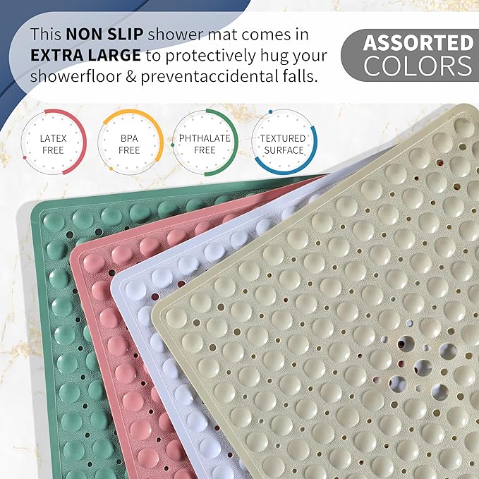 Yimobra Shower Mat 21X21 Inch Square, Non Slip Bathtub Mat with Large Suction Cups&Drain Holes, Soft Fast Dry Shower Stall Mats for Inside Shower, Machine Washable BPA-Free, Bath Essentials, Beige