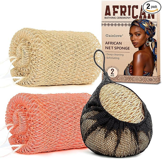 2 Pack African Net Sponge Exfoliating Body Scrubber Bath Sponge for Daily Use (Blush+Champange)