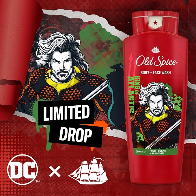 Old Spice Body Wash for Men, Aquaman: King of Atlantis, 3X Defense, 24/7 Shower Fresh with Lasting Scent, Cleansing 2-in-1 Body & Face Wash, Smell Like a Hero, Fresh Ocean and Seastorm Scent, 24 oz