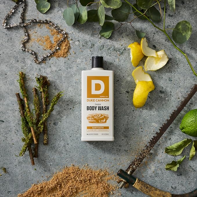 Duke Cannon Supply Co. Mens THICK Body Wash - Free of Sulfate, Paraben, & Phthalates Leaving Skin Soft and Hydrated - High Viscosity Odor Protection - Long Lasting Freshness - Sawtooth (18oz)