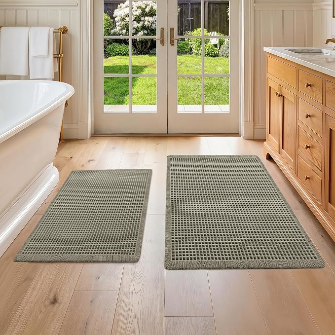 DWCN Set of 2 Waffle Bathroom Mats, Non Slip Bath Rug Set for Bathroom Floor, Super Absorbent Shower Mats for Tub, Washable Kitchen Rugs for Farmhouse Style, 20" x 32" Plus 24" x 48", Olive Green
