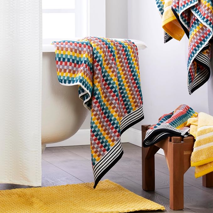 SKL Home Mid-Century 100% Cotton Premium 4-Piece Towel Set, 450 GSM, Soft & Absorbent Jacquard - 2 Bath Towels, 2 Hand Towels, Multi