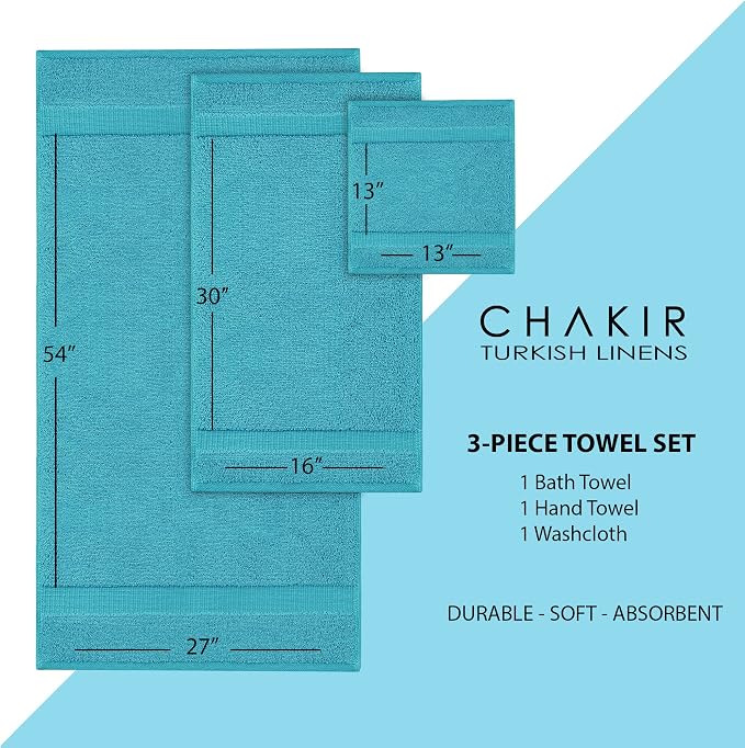 Chakir Turkish Linens Personalized 3 Piece Towel Set, 100% Cotton Luxury Turkish Towels for Bathroom, Soft Absorbent Towel Set with Bath Towel Hand Towel and Washcloth, Aqua