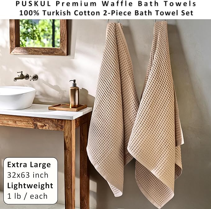 PÜSKÜL Natural 100% Turkish Cotton Waffle Bath Towels Set of 2-Piece | 32x63 inch Extra Large Absorbent Quick-Dry Lightweight Spa Towel | Luxury Sauna Accessories (Beige Bath Towels - Pack of 2)