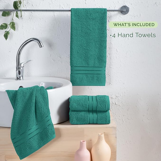 Elegant Comfort Three Line Popcorn Towel Set for Bathroom 16 x 28 inches, Premium Hotel Quality 4-Pack Hand Towels, 100% Turkish Cotton, Soft and Durable, Quick Dry and Highly Absorbent, Teal Blue