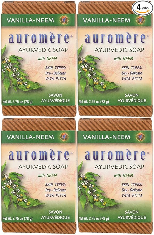 Auromere Ayurvedic Bar Soap, Vanilla Neem - Eco Friendly, Handmade, Vegan, Cruelty Free, Natural, Non GMO (2.75 oz), 4 pack