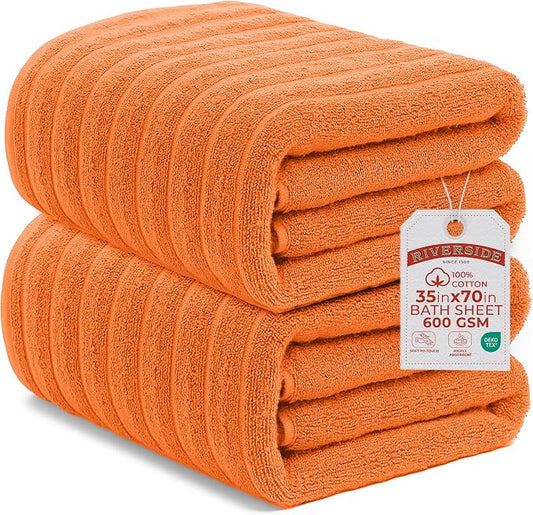 RIVERSIDE Pack of 2 Extra Large Bath Sheet Towels, 35 x 70 Inches, 600 GSM, Ribbed Stripe, 100% Cotton - Super Soft, Highly Absorbent & Quick Dry for Bathroom, Spa & Hotel, Orange