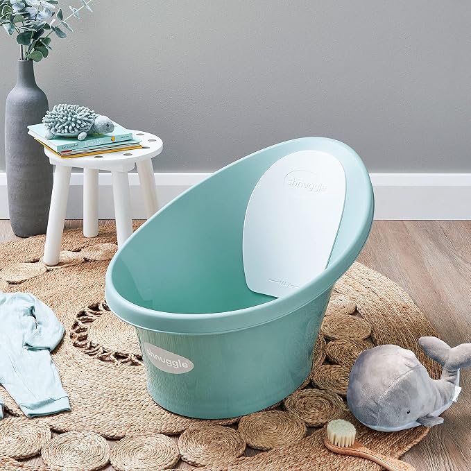 Shnuggle Newborn Baby Bath | Built in Support Bump and Soft Backrest | Suitable from Newborn | Bath Seat Support Includes Plug | Eucalyptus Green
