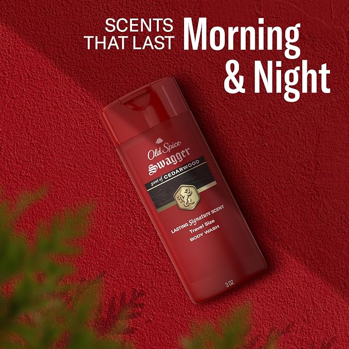 Old Spice Refreshing Body Wash for Men, 3X Defense, 24/7 Shower Fresh with Long Lasting Scent, Travel Size, Red Collection, Swagger with Cedarwood Scent, 3 fl oz