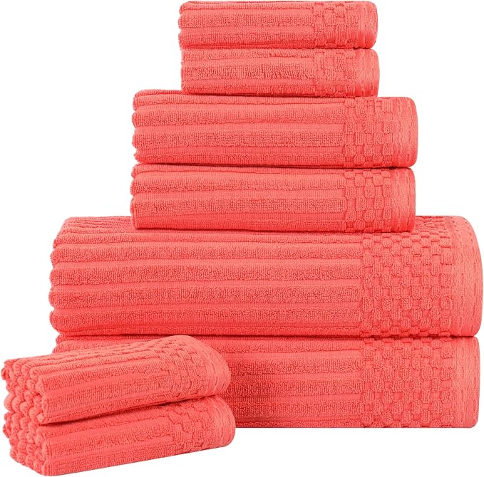 Superior Cotton 8-Piece Solid and Ribbed Towel Set, Face Towels 13” x 13”, Hand Towels 16” x 28”, Bath Towels 27” x 54”, Coral