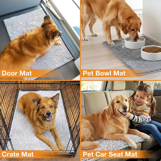 Neater Pets Muddy Paws Dog Door Mat 30” x 20” – Super Absorbent & Quick-Dry Chenille Doormat for Trapping Dirt, Water, Mud - Non-Slip & Machine Washable Pet Rugs for Entryway, Indoor Mud Mats, Gray
