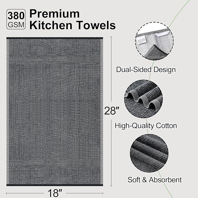 Mordimy Premium Kitchen Towels 6 Pack (18 x 28 Inches, Black), Large Cotton Kitchen Hand Towel, Flat & Terry Dish Towels for Drying Dishes, Super Absorbent Tea Dishtowels Set with Hanging Loop