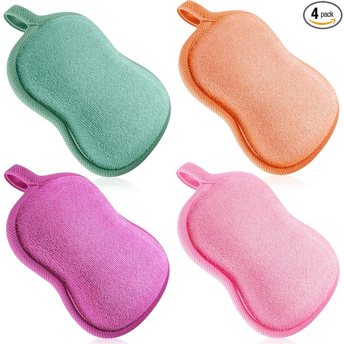 Tatuo 4 Pieces Baby Bath Sponge Soft Comfy Cotton Baby Sponge Toddler Absorbent Loofah for Kids Babies Boy Girl(Red, Purple, Green, Orange)