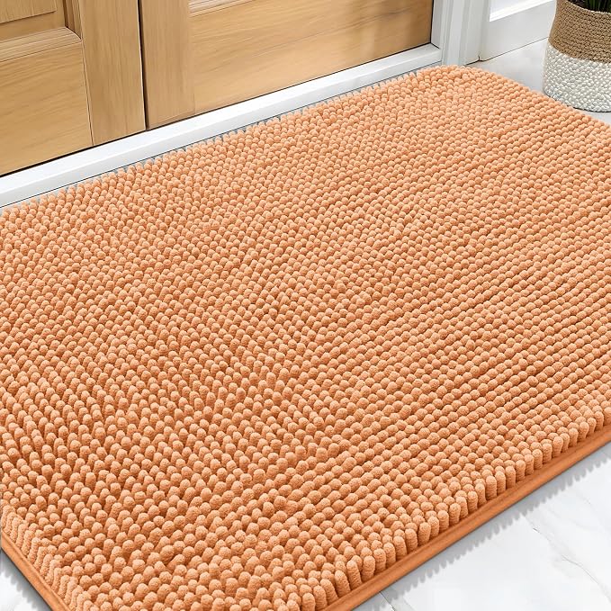 OLANLY Dog Door Mat for Muddy Paws 32x20, Absorbs Moisture and Dirt, Absorbent Non-Slip Washable Doormat, Quick Dry Chenille Mud Mat for Dogs, Entry Indoor Entryway Carpet for Inside Floor, Orange