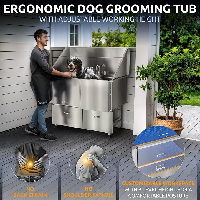 KANIS Professional Dog Washing Station 304 Stainless Steel Pet Wash Sink & Grooming Bathtub w/Shower, Floor Grates and Storage for Large, Medium & Small Pets (Silver, 50 Inches, Right Ramp, 2 Drawers)