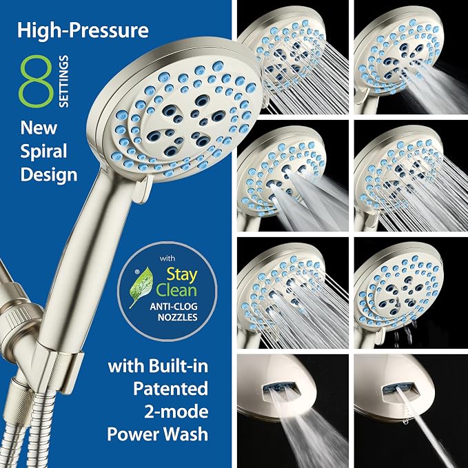 AquaCare Seen-On-TV High Pressure 8-mode Handheld Shower Head - 2-mode Power Wash to Clean Tub, Tile & Pets, Stay-Clean Nozzles, Extra Long 6 ft. Stainless Steel Hose, Wall & Overhead Brackets, Nickel