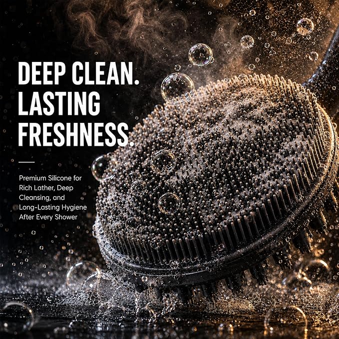 Back Scrubber for Shower, 15.7" Loofah with Handle, Back Shower Brush with Bristles and Loofah, Dry Brushing Body Brush for Cleanse Back with Curved Long Handle (Black)