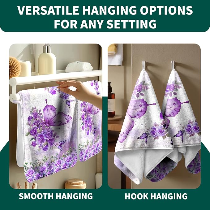 Purple Butterfly Flowers Hand Towels - Floral Decorative Coral Fleece Fingertip Towel for Home Guest Bathroom