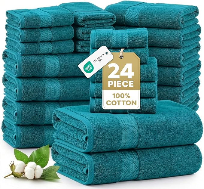 LANE LINEN 100% Cotton Bathroom Towels Set - 24 Piece - Durable, Quick Dry, Soft & Highly Absorbent - 4 Bath, 4 Fingertip, 6 Hand Towel, 8 Washcloths, 2 Bath Sheets - Sustainbly Produced - Sea Port