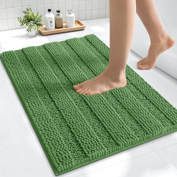 Smiry Thick Small Chenille Bathroom Rugs 24x16, Extra Soft Absorbent Striped Bath Mat, Machine Washable, Rubber Backing, Bath Rugs for Bathroom, Tub & Shower, Home Decor Accessories, Olive Green