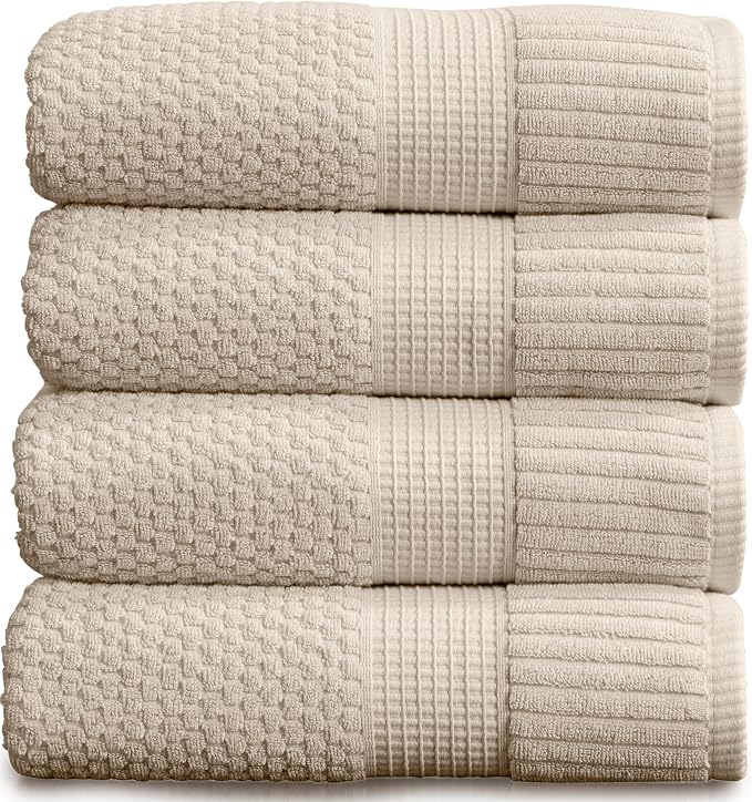 NY Loft 100% Cotton 4-Pack Bath Towel Set | Sand | Oeko-TEX | Quick-Dry | Four 30" x 52" Bath Towels | Super Absorbent | Designer-Styled Texture