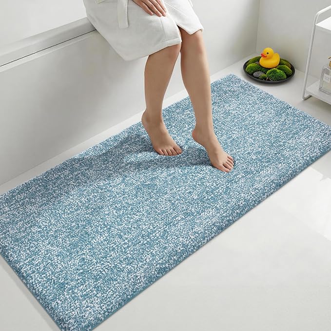 Yimobra Anti-Fatigue Long Bathroom Runner Rug Non Slip – Microfiber Cushioned Bath Mat Absorbent Machine Washable for Pressure Relief, Denim Blue, 56" x 24" (4.7' × 2.0')