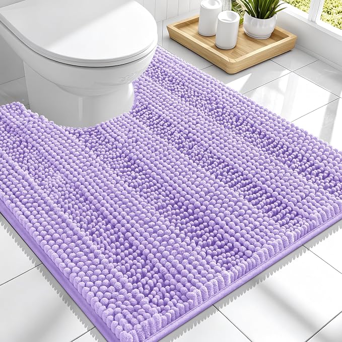 Smiry Thick Chenille Toilet Rugs U-Shaped 24x20, Extra Soft Absorbent Striped Contour Bathroom Rugs, Machine Washable, Dry Quickly, Bath Mat, Lavender