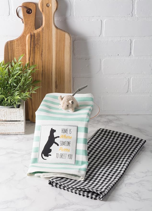 DII Everyday Pets Kitchen Collection Absorbent Dishtowel Set, 18x28, Cat Greeting, 2 Count
