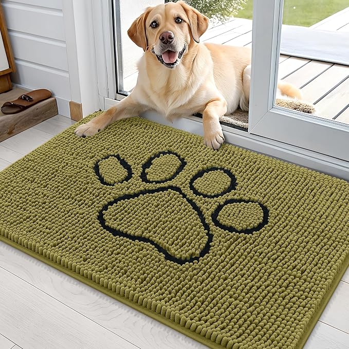 OLANLY Dog Door Mat for Muddy Paws 36x24, Paw Print Design, Absorbs Moisture and Dirt, Non-Slip Washable Doormat, Quick Dry Chenille Mud Mat for Dogs, Entry Indoor Entryway Carpet, Willow Green