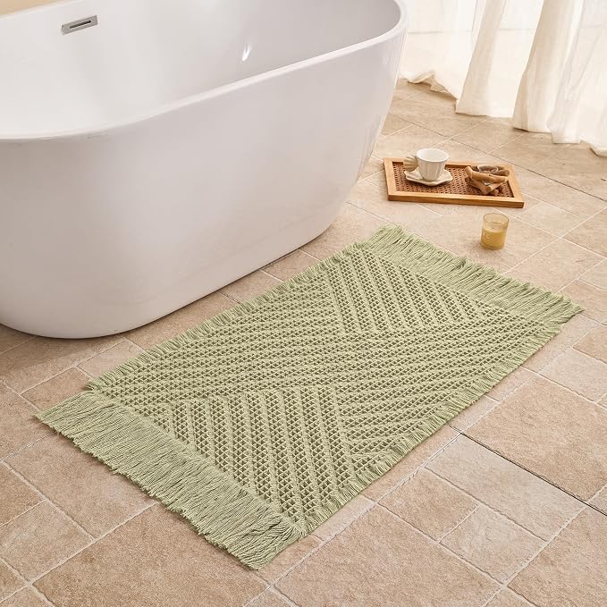 Waffle Bath Mat Non Slip, Boho Bathroom Rug, Super Absorbent Quick Dry Bathroom Mat, Soft Farmhouse Bath Rug with Tassels, Small Washable Shower Mats for Floor 20"x32", Tassels Sage Green