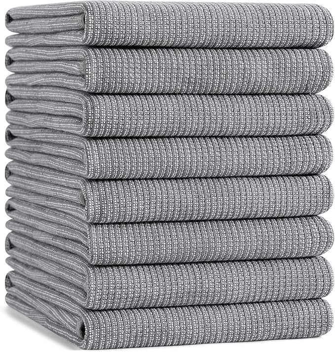 Mordimy Premium Kitchen Towels 8 Pack (18 x 28 Inches, Grey), Large Cotton Kitchen Hand Towel, Flat & Terry Dish Towels for Drying Dishes, Super Absorbent Tea Dishtowels Set with Hanging Loop