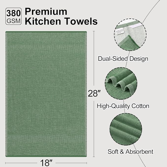 Mordimy Premium Kitchen Towels 6 Pack (18 x 28 Inches, Grass Green), Large Cotton Kitchen Hand Towel, Flat & Terry Dish Towels for Drying Dishes, Super Absorbent Tea Dishtowels Set with Hanging Loop