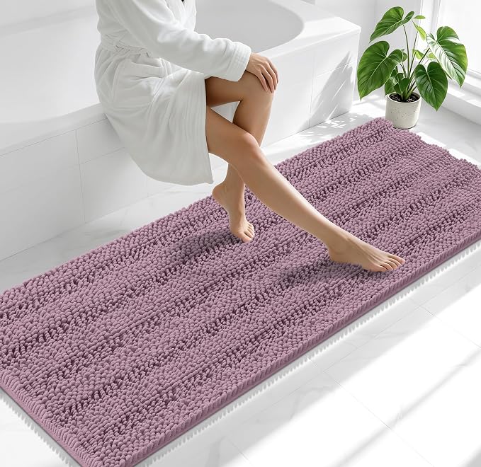 Smiry Thick Chenille Bathroom Runner Rugs 70x24, Absorbent Striped Bath Mat, Machine Washable, Rubber Backing, Extra Long Bath Rugs for Tub & Shower, Modern Home Decor Accessories, Deep Plum