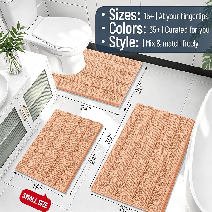 Smiry Thick Small Chenille Bathroom Rugs 24x16, Extra Soft Absorbent Striped Bath Mat, Machine Washable, Rubber Backing, Bath Rugs for Bathroom, Tub & Shower, Modern Home Decor Accessories, Peach