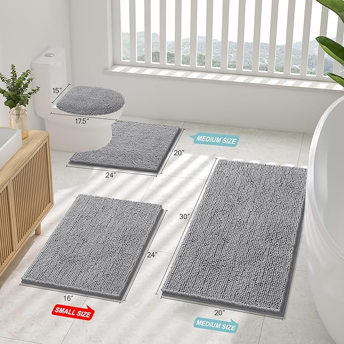 Smiry Luxury Chenille Bathroom Rugs 24x16, Extra Soft and Absorbent Shaggy Bath Mat, Machine Washable, Non-Slip Plush Carpet Runner for Tub, Shower, and Floor, Home Decor Accessories, Grey