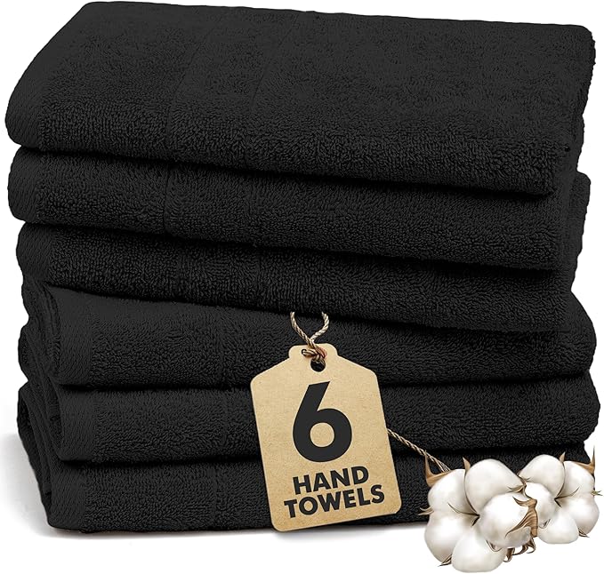100% Ring Spun Cotton Hand Towels for Bathroom – 550 GSM Soft & Absorbent Towel Set– Pack of 6 Small Towel (34x20in) – Quick Dry Luxury Cotton Hand Towels – Black